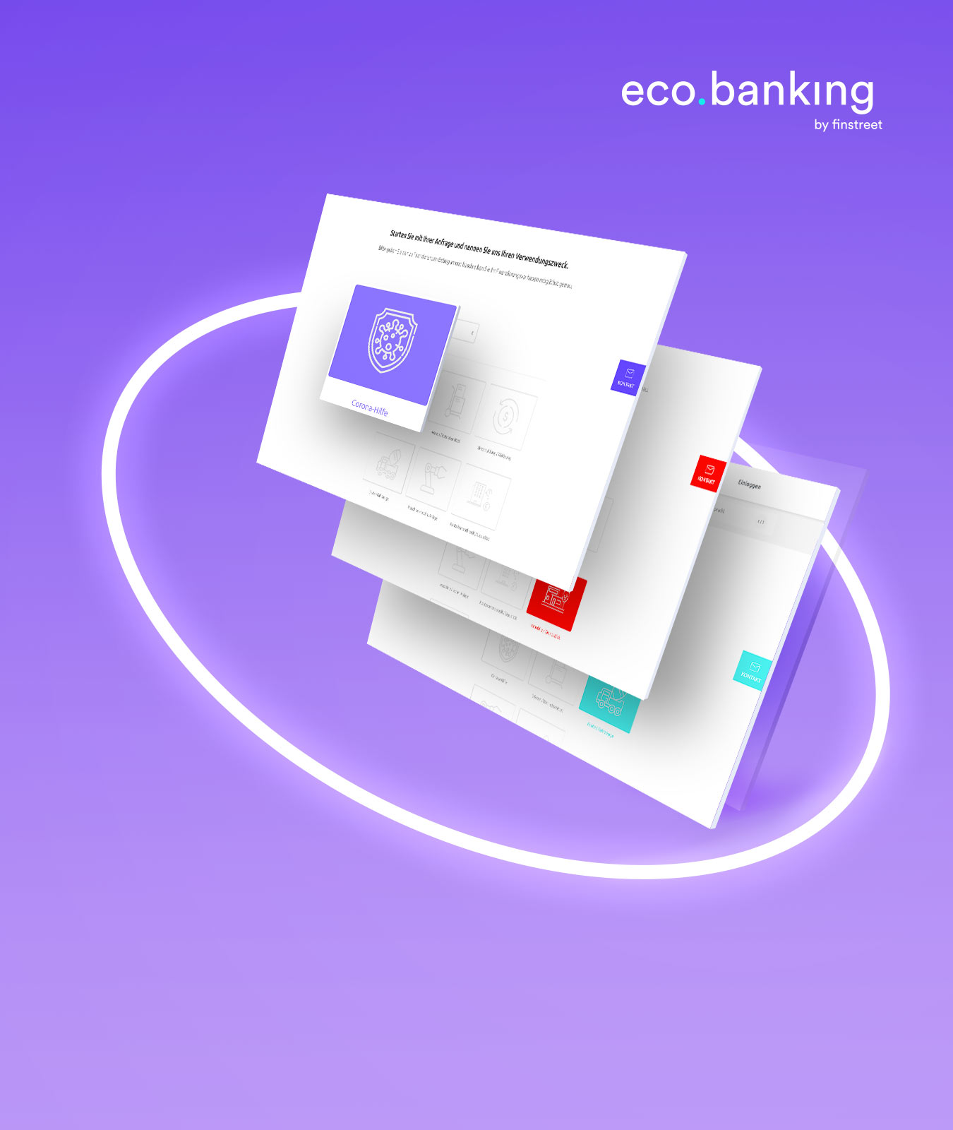 Um Screens der Anfragestrecke eco.banking by finstreet legt sich ein weißer, leuchtender Kreis auf lilafarbenem Hintergrund